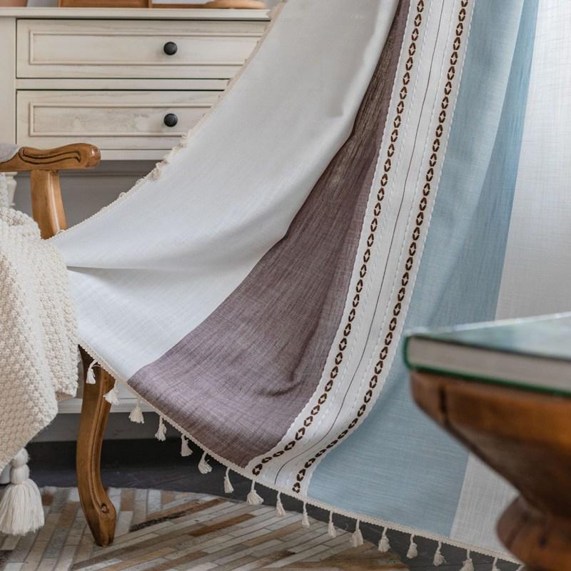 

American Style Thick Cotton Linen Stripe Blackout Window Curtains with Tassel Bedroom Kitchen Drapes Curtains In The Living Room W132 x H45cm&Threading Rod