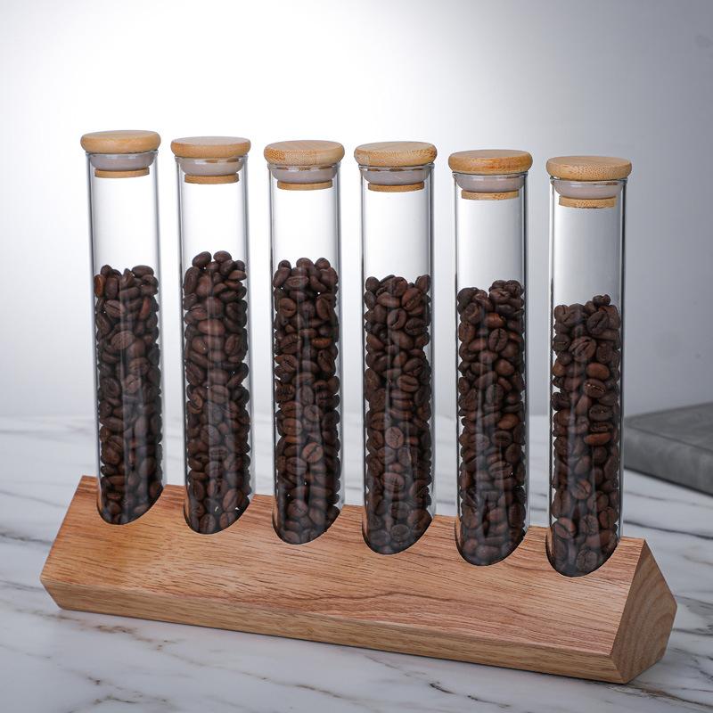 150ml Sealed Glass Bottles with Wooden Stand Tea Coffee Bean Grain Storage Jar Display Rack Transparent Storage Boxes Decor