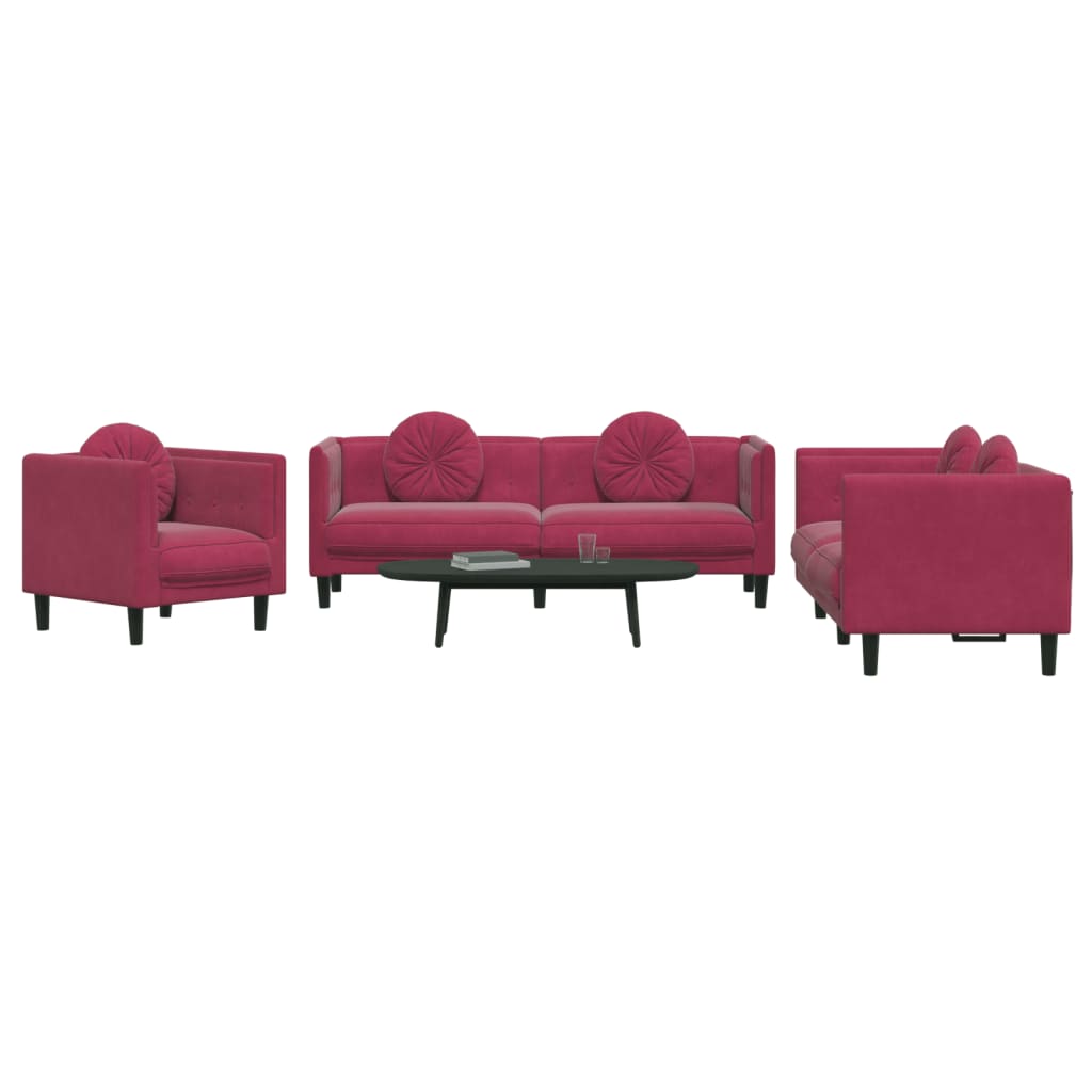 3 piece sofa set with cushions wine red velvet