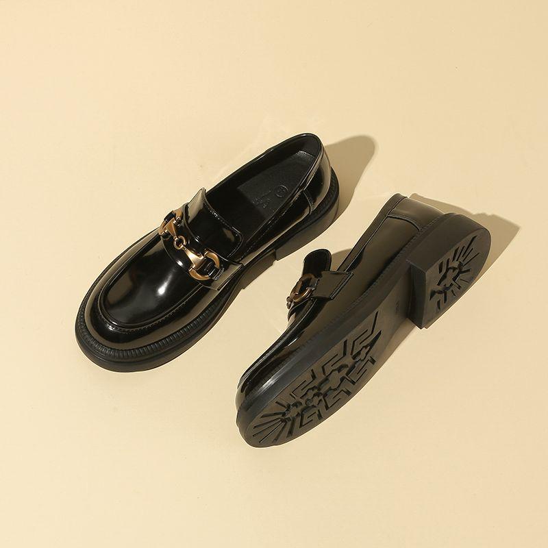 Women s Black Thick-Soled Horsebit Loafers - Fleece-Lined British Style Slip-On Leather Shoes 34 4647₽