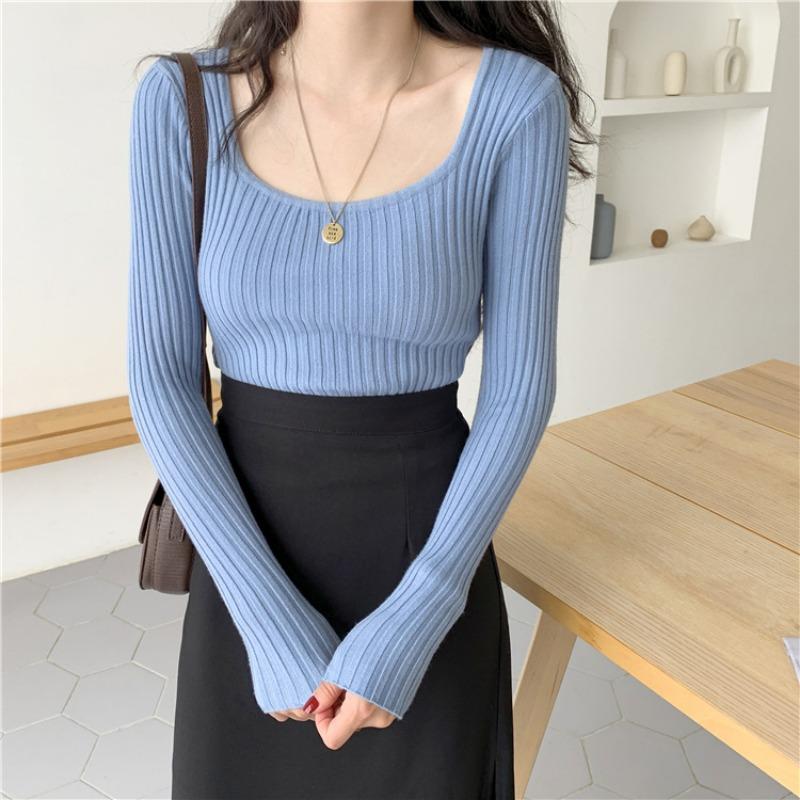 Podzimní Nový Top se čtvercovým výstřihem, Pletené základní tričko s dlouhým rukávem, Pulovr slim fit, Vnitřní svetr, Dámský univerzální top
