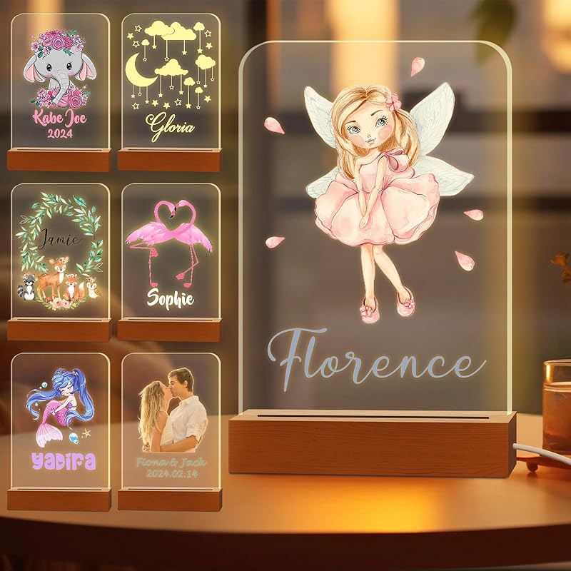 Personalized Night Light for Kids Custom Engraved Name Acrylic LED Lights with Wood Base for Nursery Bedroom Decor Night Lamp, Customized Birthday