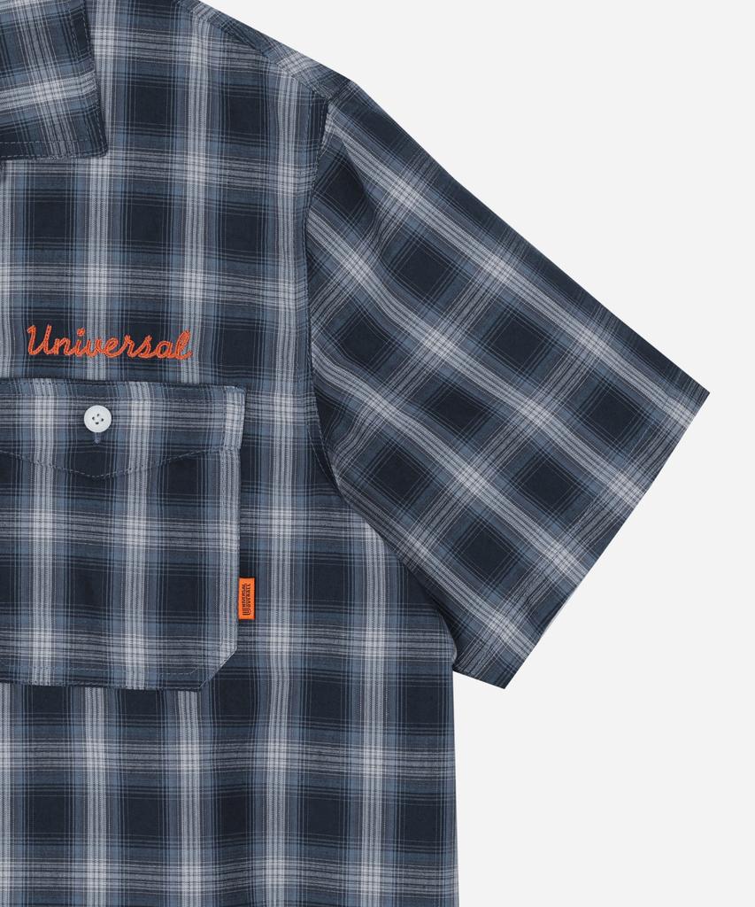 Yunibeosyeolobeolol Check Open Collar Short Shirts Navy