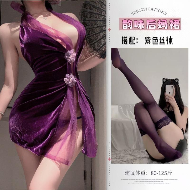 Sexy Seduction Purple Uniform Open Sheet Bed Free Pure Erotic Lingerie Pajamas Naked Back Lady Velvet Flowers