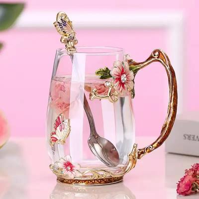 Luxury Butterfly Peach Enamel Glass Mug Beautiful Tea Mugs Coffee Cups Cup for Coffee Drinkware New Year Mugs Mug With Lid Beer