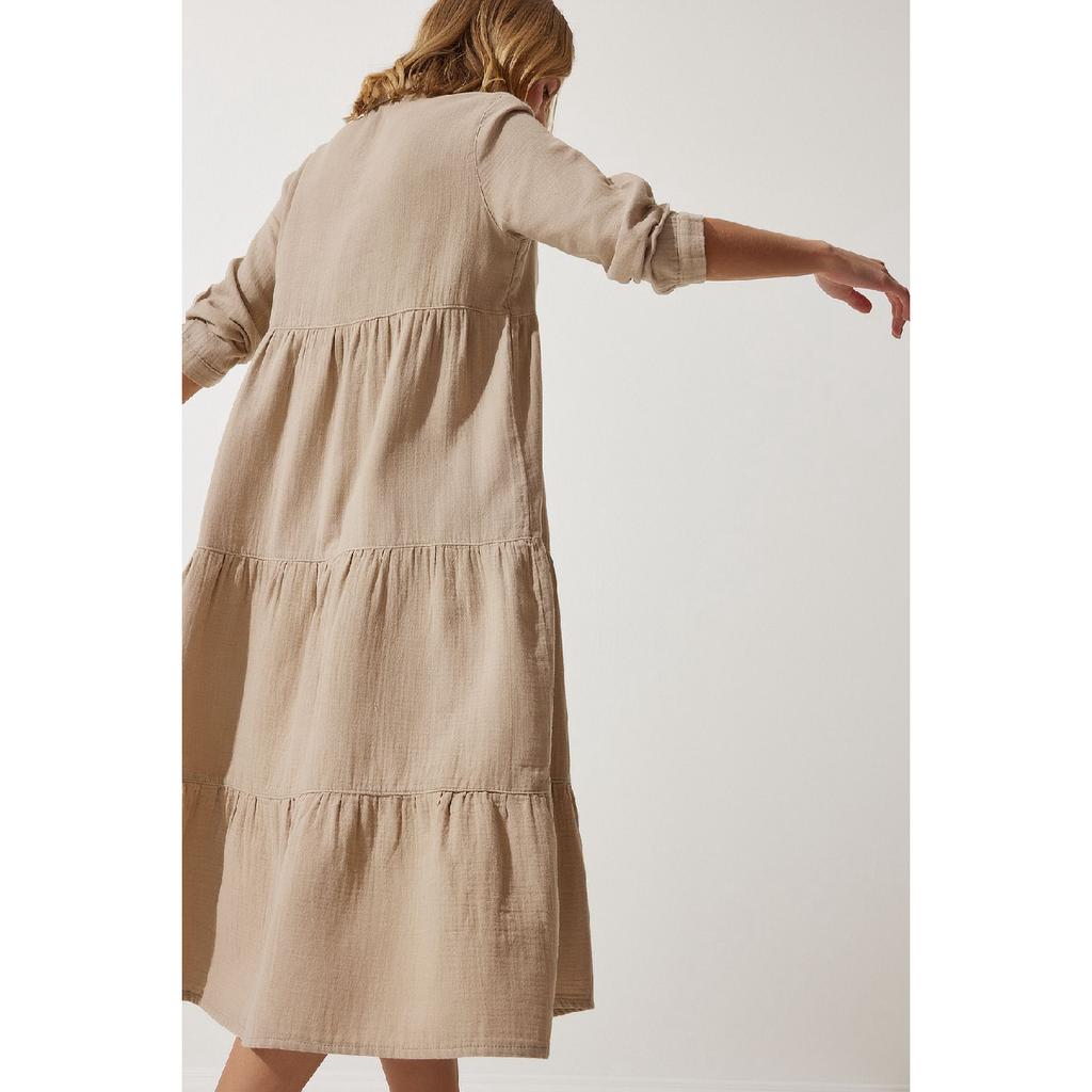 Women's Beige Muslin Flared Shirt Dress Sa00024