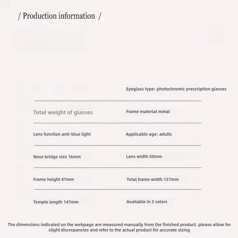 Women's INS Style Photochromic Myopia Glasses Metal Oversized Frames Comfortable HD Blue Light Blocking Minus Diopter Eyeglasses