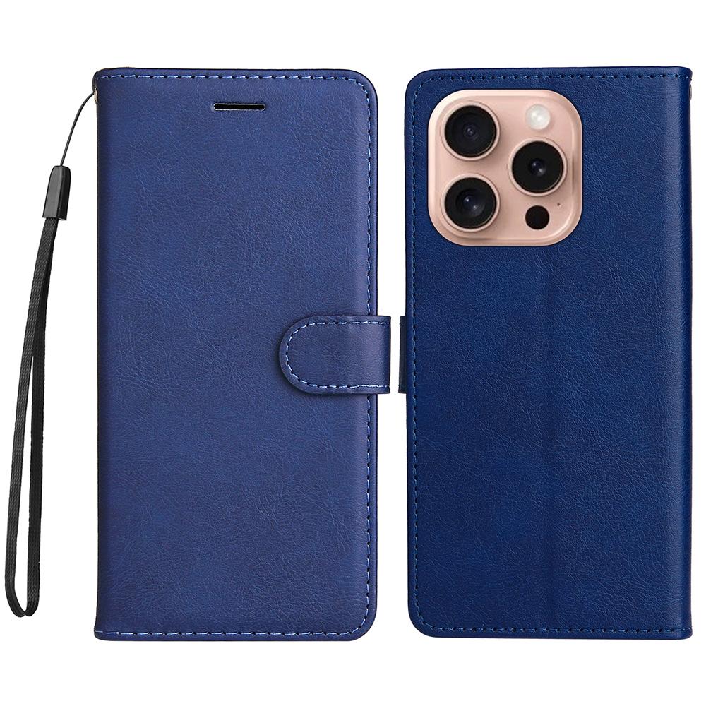 

For iPhone 16 Pro Protective Case Solid Color Leather Mobile Cover Wallet Stand with Strap Blue