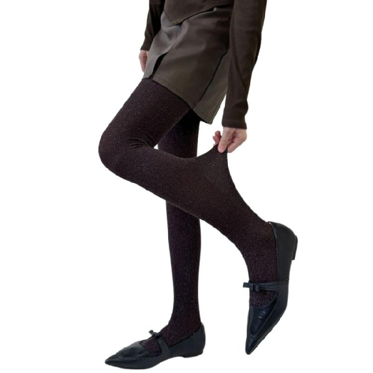 Women Vintage Shimmering Ribbed Striped Opaque Pantyhose 90s Winter Fall Basic Bottoming Tights Stockings Leggings