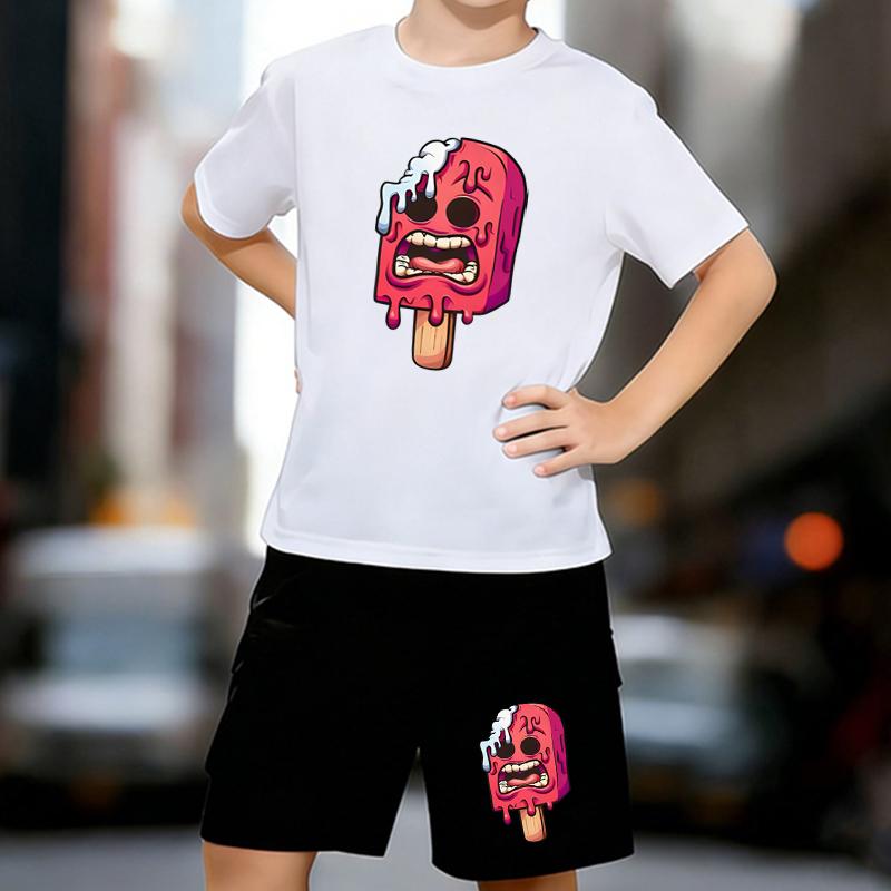 

Boys 2 Piece Funny Ice Cream Printed Printed outfit, Short Sleeve T-Shirt and Shorts Set for Kids Age 5-14,White, Black Sporty Casual Summer Clothes 13-14 Years
