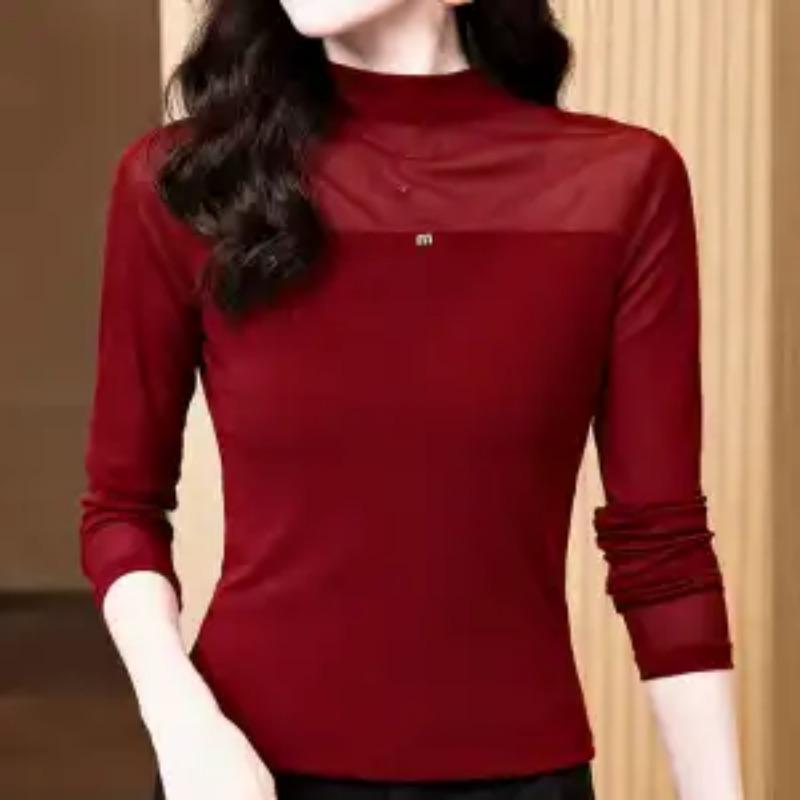 Fashionable Mesh Solid Color Long-sleeved Tops for Women Style Versatile Half-turtle Collar Slim-fitting Lace Bottoming Shirt