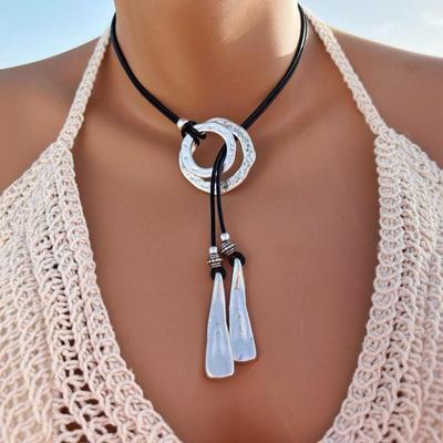 Necklace Statement Leather Necklace for Women Handmade Jewelry Pendant Necklace Boho Silver Jewelry AVE