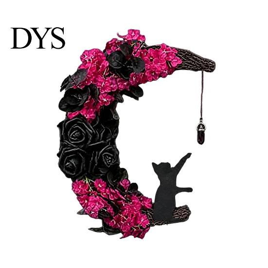 Halloween Moon Wreath Black Cat Wreath, Gothic Crescent Grapevine with Indoor Dark Theme Soft Furnishings Rose Flowers, Spooky Front Door Hanging