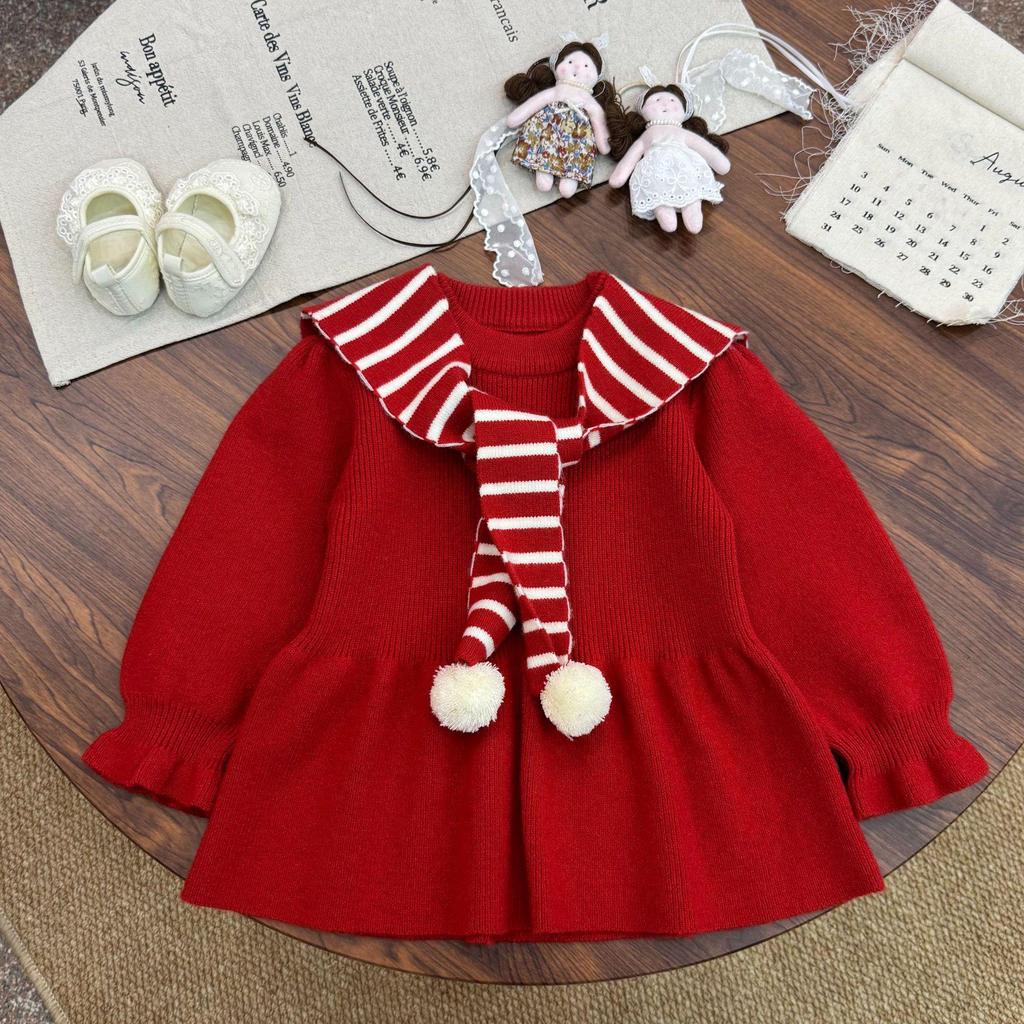 Autumn & Winter Korean Style Girls' Striped Shawl Pullover with Ruffle Hem