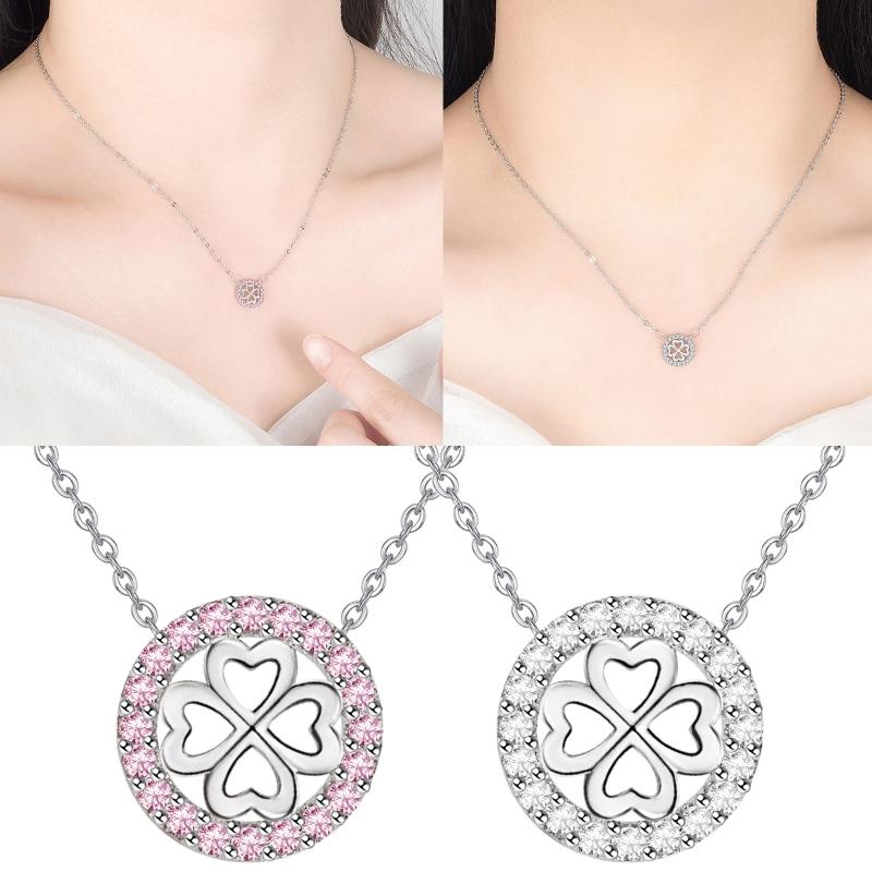 Ladies Fashion Jewelry High Quality White Pink Crystal Zircon Flower Leaf Pendant Four-leaf Clover Necklace Jewelry