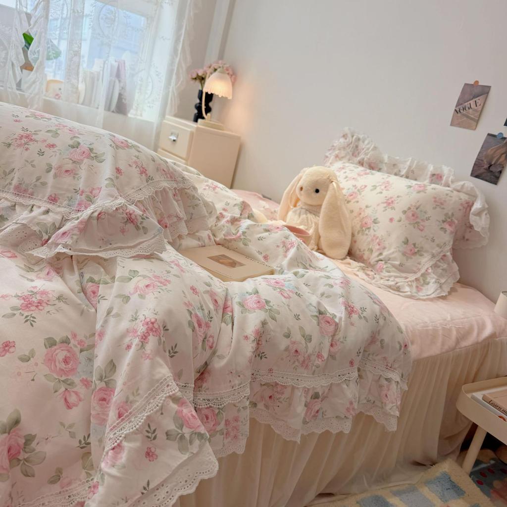Korean Style Girlish Lace Cotton 4-Piece Princess Bedding Set for 1.8m Bed