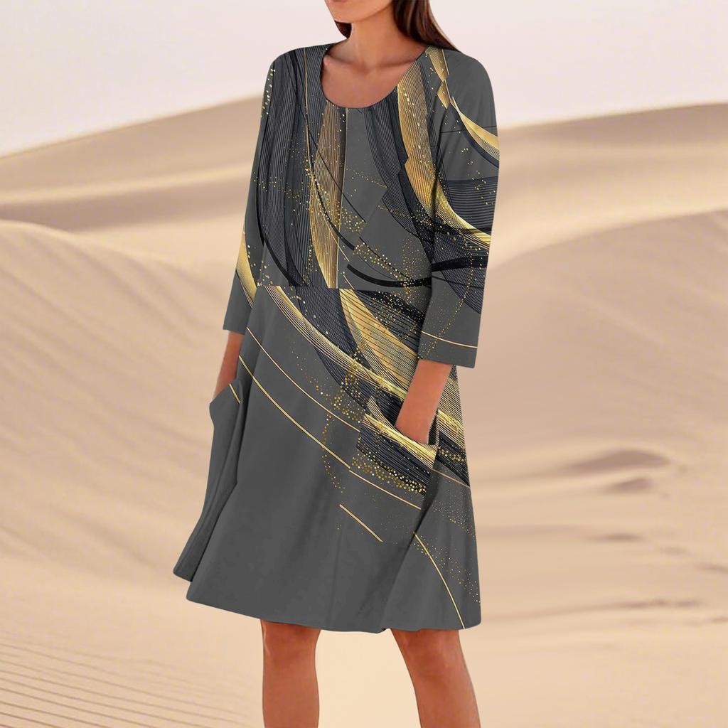 Women's 3/4 Sleeved Printed Fashion Loose Casual Dress