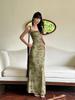 New Chinese-style Green Mesh Yarn Floral Suspender Dress Women's Summer Design High-end Temperament Waist-wrapped Hips Fishtail Dress