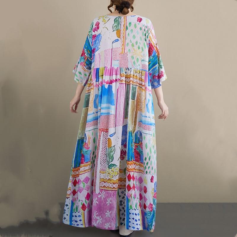 Κοντό μανίκι Plus size Βαμβακερό vintage φλοράλ νέο σε φορέματα για γυναίκες casual φαρδύ μακρύ καλοκαιρινό φόρεμα