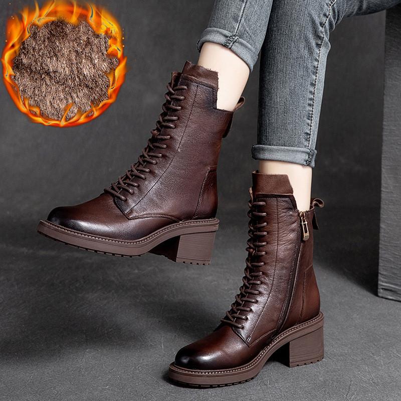 Winter Boots Genuine Leather Women Shoes Plush Warm Round Toe Handmade Zip Leisure Sewing Platform Boots