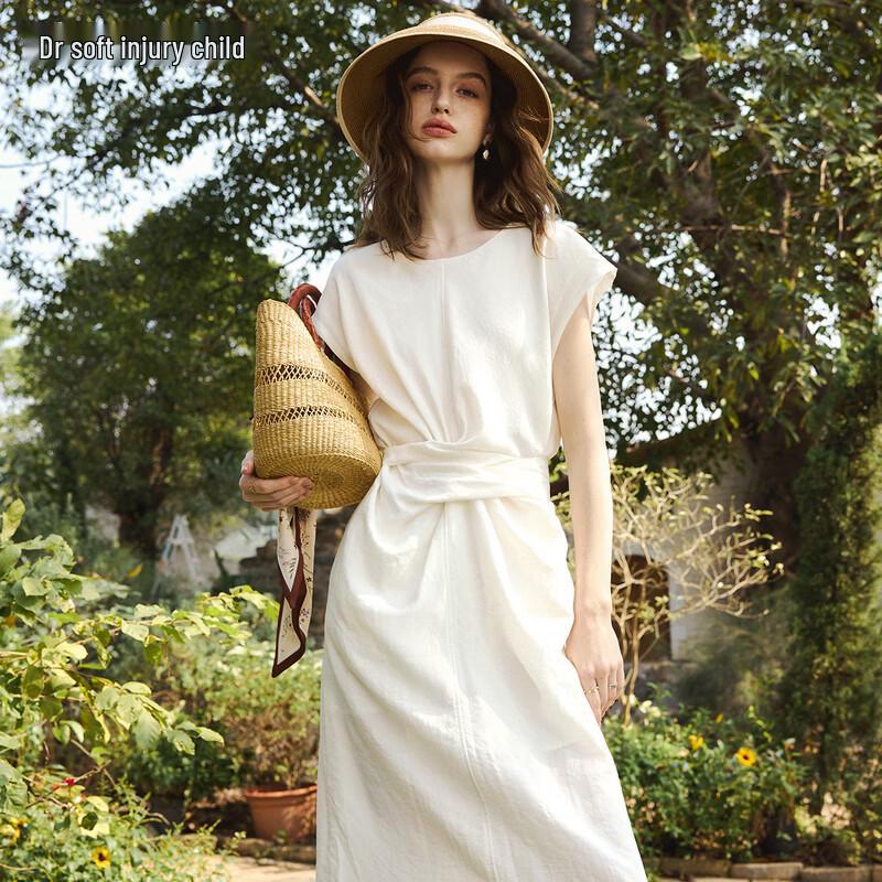 Olrain French Style Tie-Waist Cap Sleeve Midi Dress XL