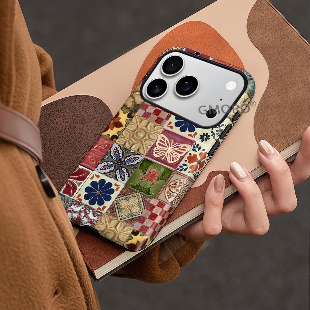 Popular Totem Retro Butterfly Flower Is Suitable for Apple 17pro Mobile Phone Case 16/15 Double-layer Film Anti-drop Case.