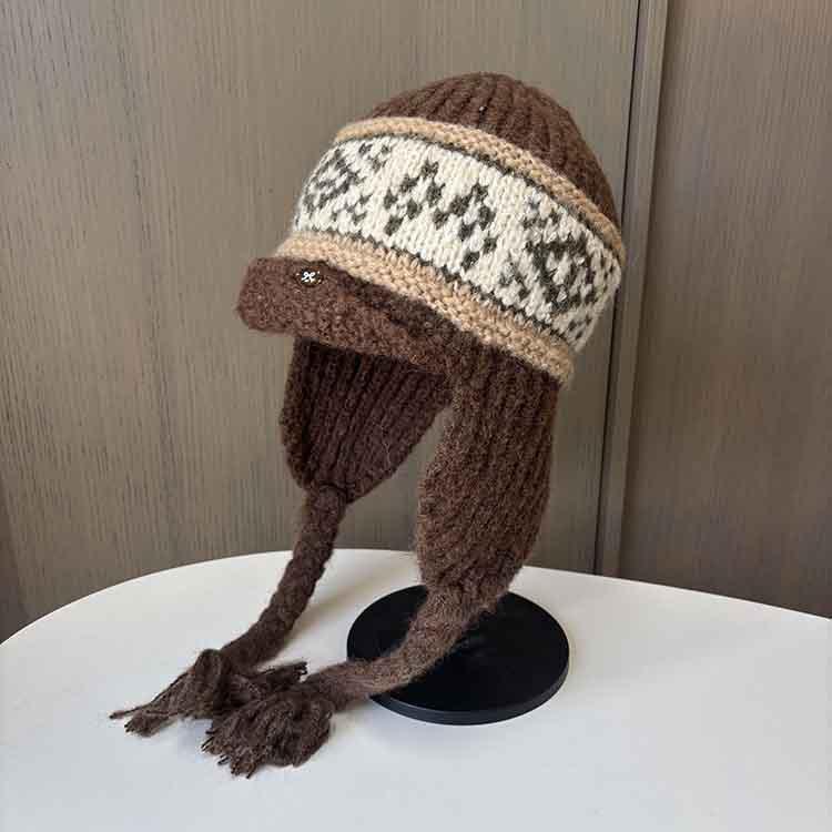 Шерстяная вязаная шапка в ретро-стиле Fair Isle с жаккардовым узором, утолщенная, с защитой ушей, универсальная, для большого обхвата головы, шапка-ушанка M(56-58cm) кофейный
