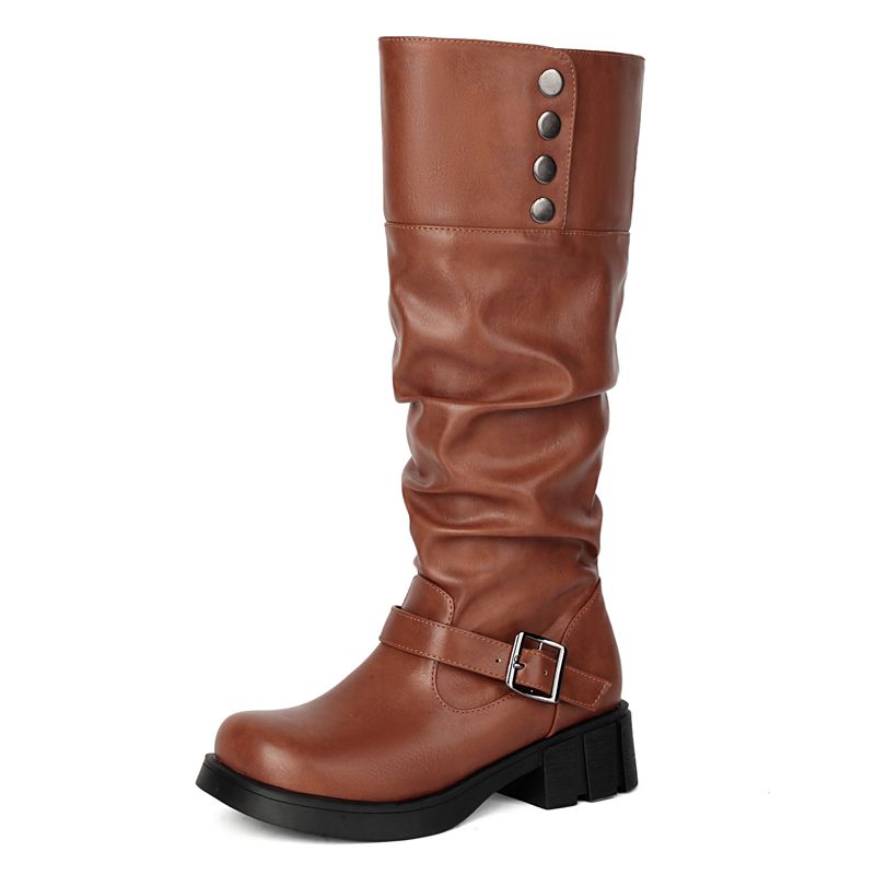 2025 Vintage Women Boots Round Toe Thick Heels 4.5cm Slip On Belt Buckle Metal Decor Plus Size 41 42 43 Leisure Bota