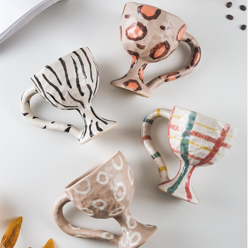 Minimalist and Niche Style Ceramic Coffee Cup Striped Leopard Print Decorative Cup Breakfast Milk Cup Funny Ceramic Cup Gift