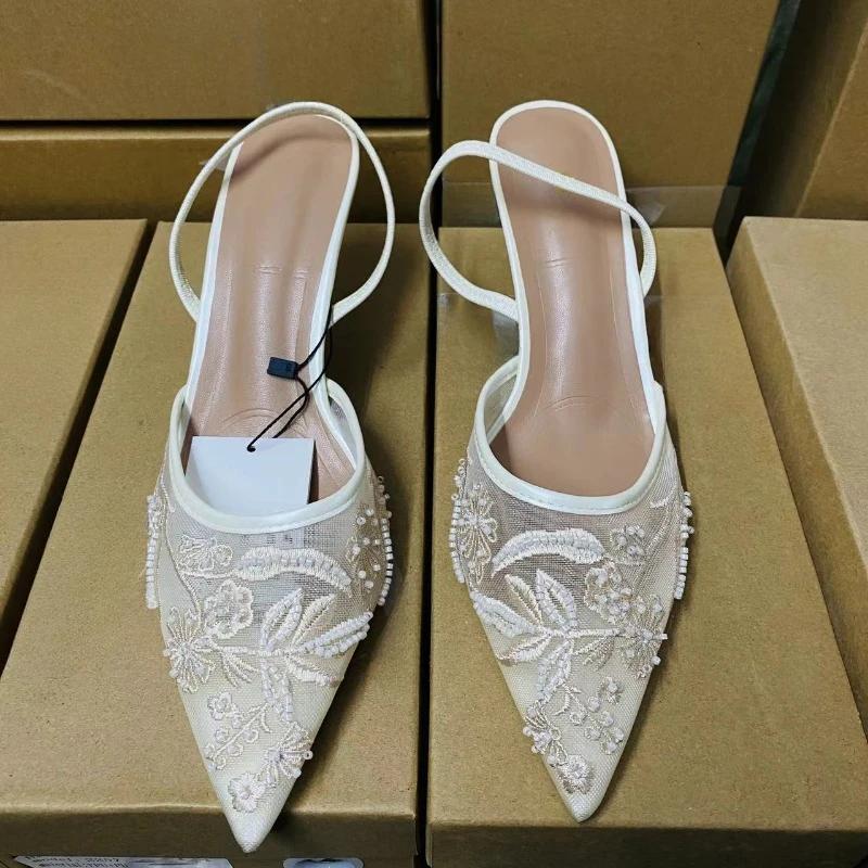 Ladies Flower Mesh Open Heel Sandals Shoes Sexy  High Heel Pointed Toe Stiletto Pumps Mules  women sandals
