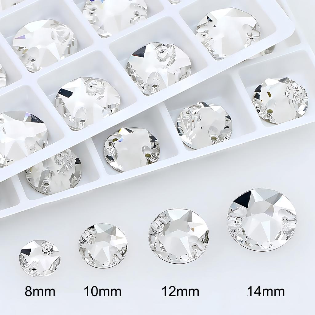 Pietra Strass di Cristallo Trasparente Rotonda da Cucire con 2 Fori Fondo Piatto per Ornamento Abito da Sposa Vestiti Borse Scarpe