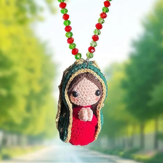 Cute Mary Statue Car Interior Decoration Handmade Crochet Virgin Mary Car Rearview Mirror Charm Religious Hanging Ornament Blessing Gift for Family
