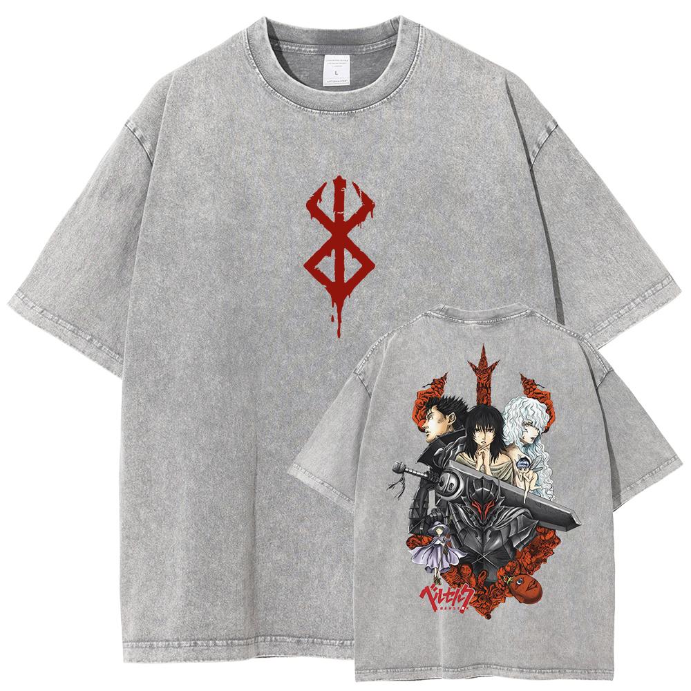Berserk Guts T Shirt Manga Griffith Printed  T-shirt Men Unisex Clothes Street Vintage Washed Tshirt Short Sleeve Cotton Tees