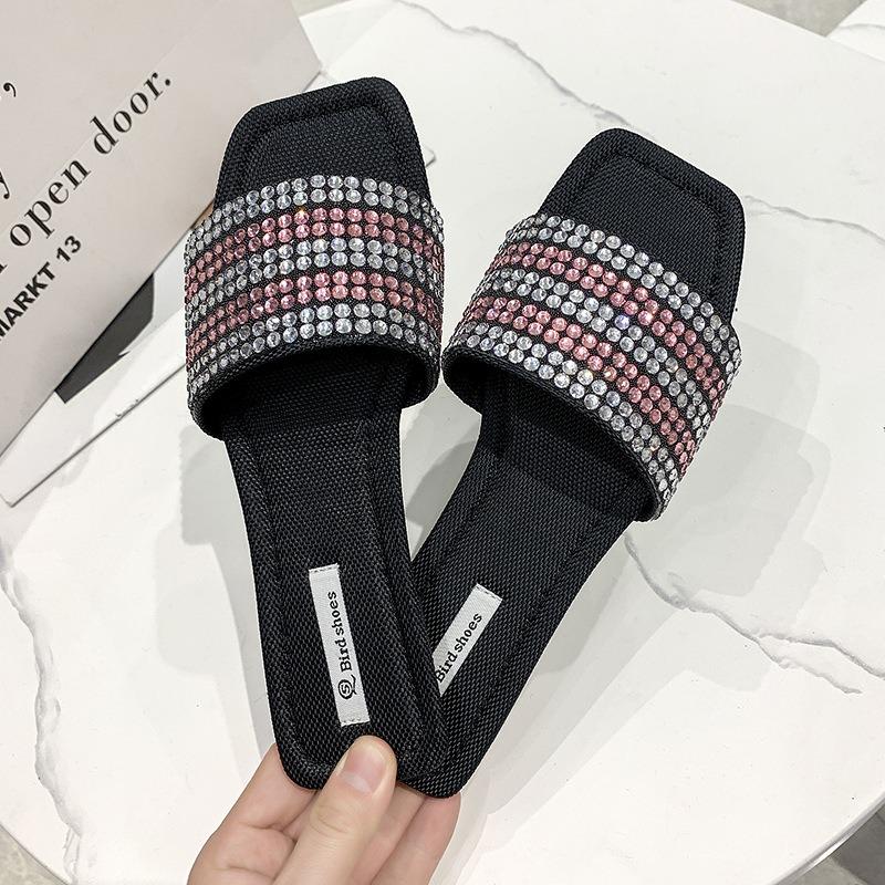 Slippers Women's Summer New Bright Rhinestone Flat Bottom Cool Slippers Women Wear Fashionable Soft Bottom One-word Drag Fairy Sandals