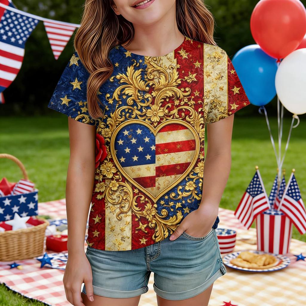 Kids Independence Day Print Round Neck Short Sleeve Casual T-shirt