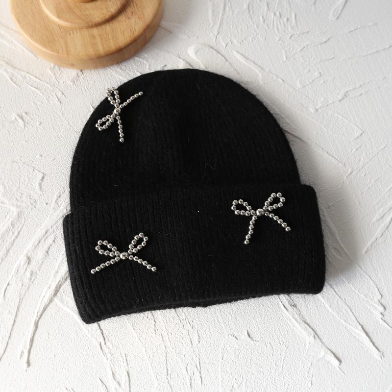 New Angora Rabbit Fur Bow Winter Hat For Women Knitted Fluffy Beanie Ladies Fashion Warm Plush Skull Womens Thick Fleece Hat Y2K