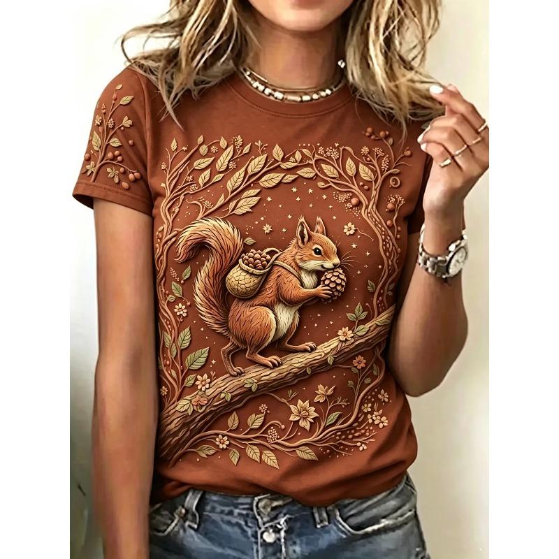 Summer Ladies Squirrel 3D Printed Crew Neck T-Shirt