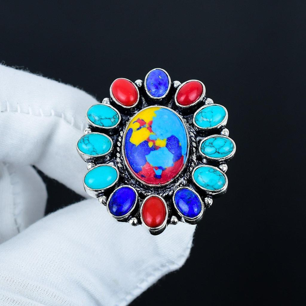 Beautiful Mosaic Japser Gemstone Ring, 925 Sterling Silver Ring, Gift For Her, Oval Stone ,Elegant Handmade Ring, Mosaic Japser Flower Silver Ring