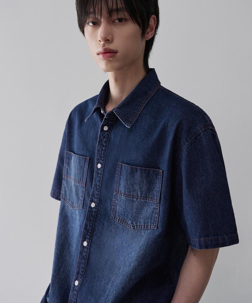 Awodeijeu Cardiff Two-Pocket Washed Denim Short Sleeve Shirt [Blue]