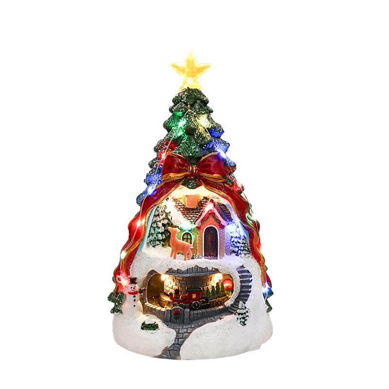 Resin Christmas House Music Box with Rotating Train and Luminous Lights - Tabletop Ornament Decoration