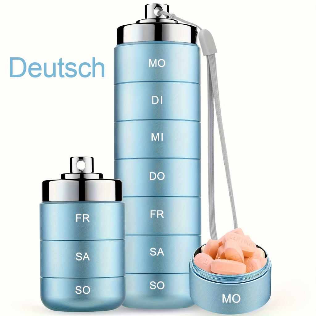 [German printing]Metal Travel Pill Organizer, Portable 7 Day Vitamin Organizer Stackable, Waterproof 1 Times A Day Pill Box