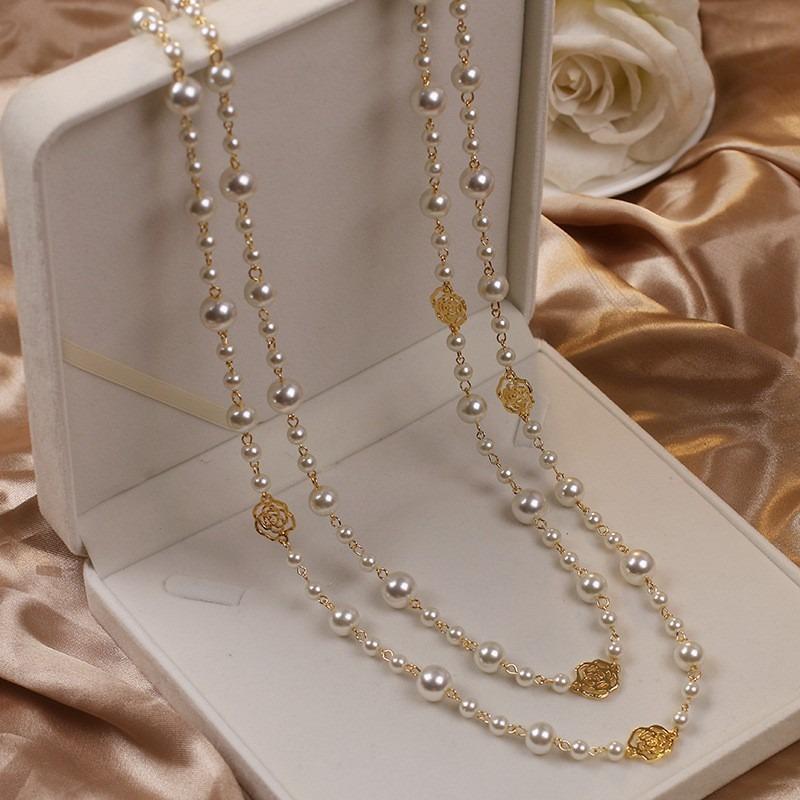 French Geometric Round Pearl Beaded Necklace Fashion Simple Court Style Necklace Light Luxury Premium Sweater Chain Women