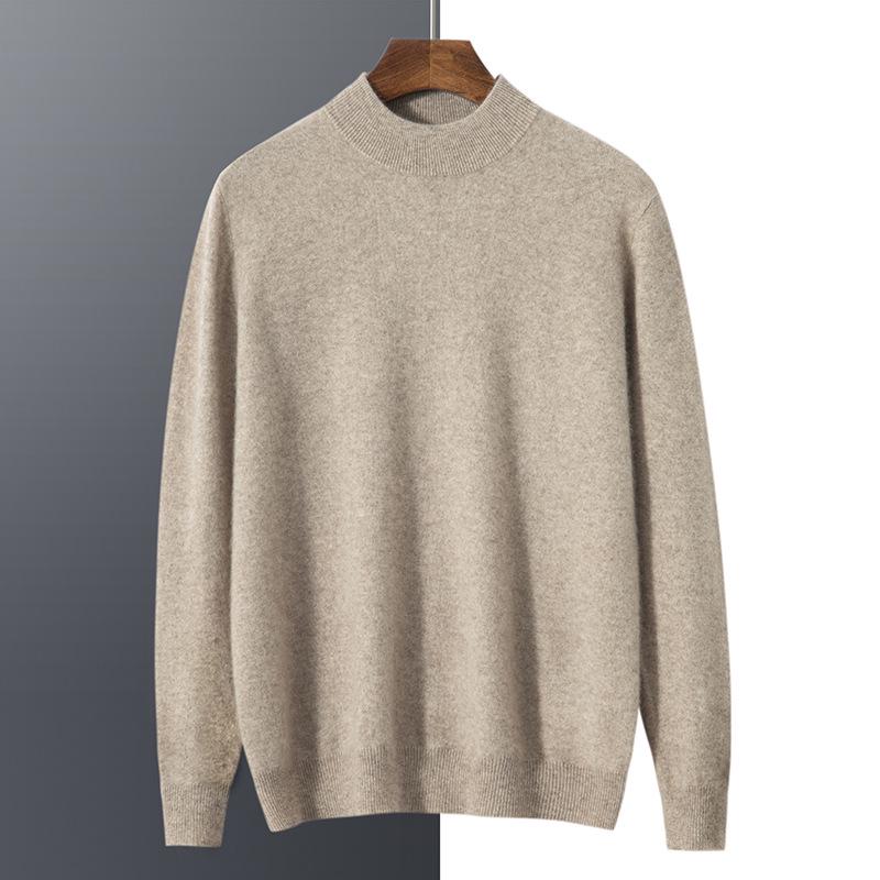 Men's Autumn Winter Wool Cashmere Pullover Sweater, Half High Neck, Solid Color, Plus Size