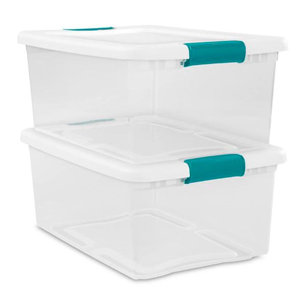 Cutie de depozitare cu blocare Sterilite 15 Qt, coș stivuibil cu capac de blocare, recipient din plastic pentru a organiza raftul dulapului, transparent cu alb