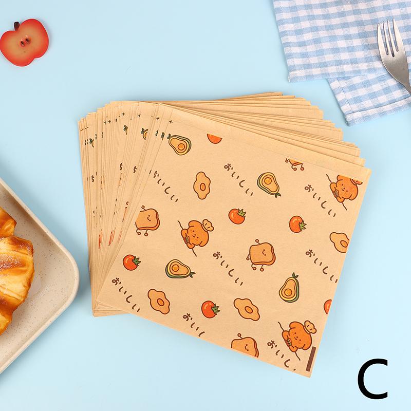 50Pcs Cute Cartoon Square Wax Paper Sandwiches Burgers Fries Fried Wrappers Bags Waxed Paper Baking Paper Food Packing Pouches