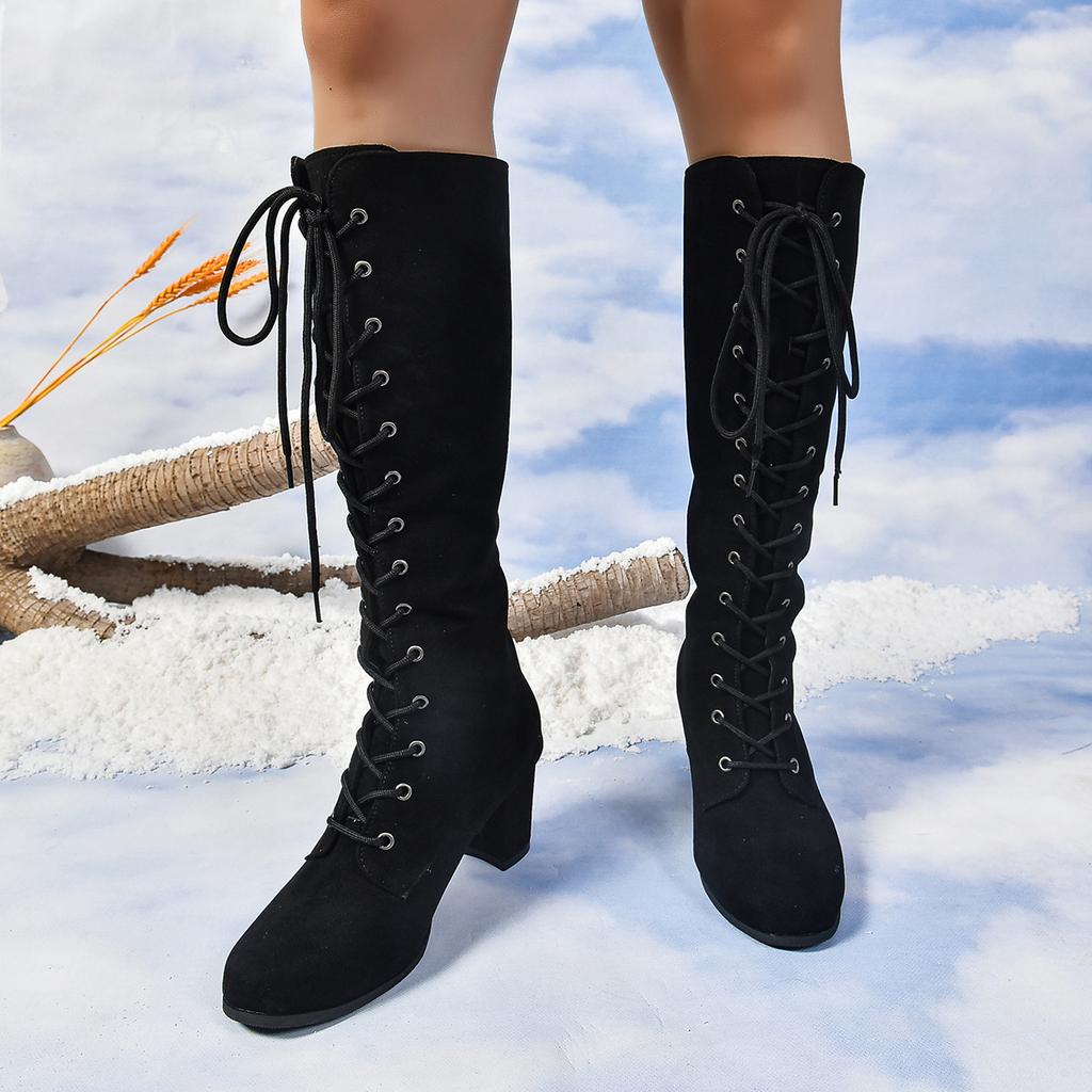 2025 New Autumn Trend Comfortable Designer Mid-calf Fashion Boots Woman Middle Heels Knee High Lace Up Boots Shoes for Women