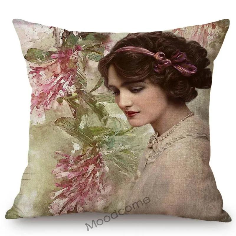 European Royal Court Victorian Era Lady Hat With Flower Elegant Sofa Throw Pillow Cover Classic Vintage Linen Decor Cushion Case