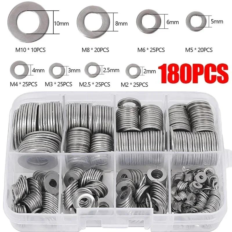 360/180/80PCS Stainless Steel Washer Set M2-M10 Metal O Rings Fasteners Gaskets For Screws Bolts Assortment Kits Hardware Washers