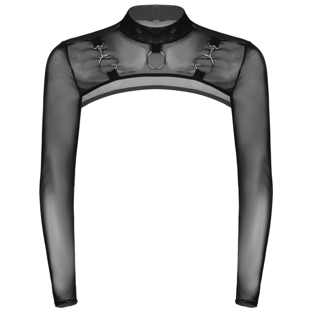Men Mock Neck Long Sleeve T-Shirt See-Through Mesh Half Crop Top Party Clubwear