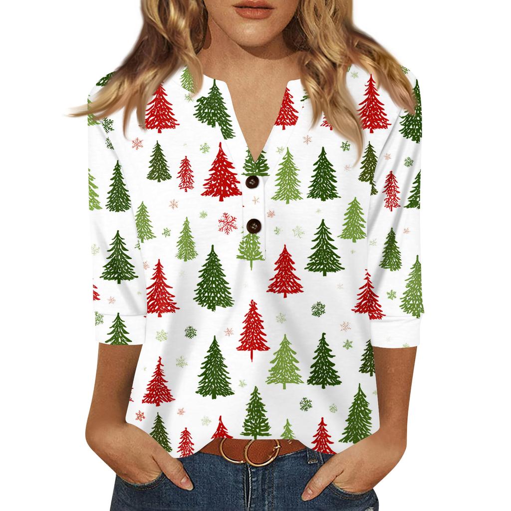 Women's T Shirt Print Button 3/4 Sleeve Daily Weekend Fashion Basic V- Neck Regular Top